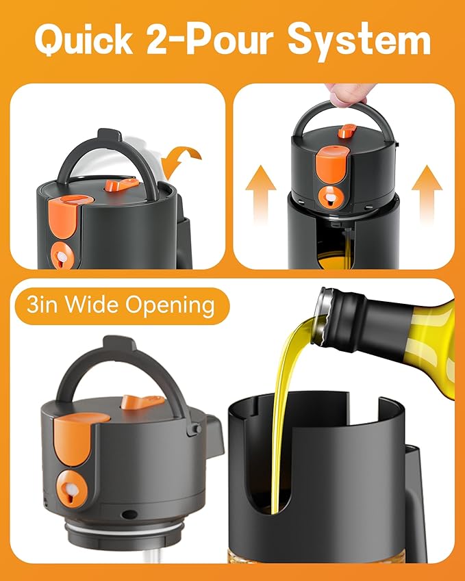 Upgrade 2 in 1 Oil Sprayer for Cooking, 17oz Light-Blocking Glass Olive Oil Dispenser Bottle for Kitchen,Food-Grade Oil Mister with 8 Stickers for Salad, Frying(Amber Bottle-Black Gap)