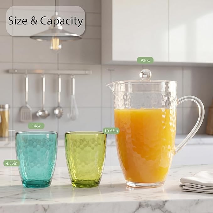 Pitcher with Lid and 4 Tumblers Set, 92oz Plastic Water Jug, BPA-Free Beverage Pitcher for Fridge, Large Drink Carafe for Party, Juice, Ice Tea, Sangria, Lemonade, (Set of 5 in Gift Box)