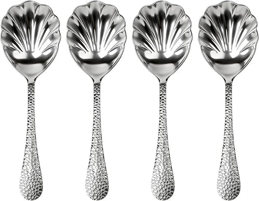 4Pack Serving Spoons 18/10 Stainless Steel Large Serving Spoons Set, Hammered Long Handle Serving Spoons for Buffet, Scalloped Design Serving Utensils for Kitchen Party Buffet Banquet (Silver)