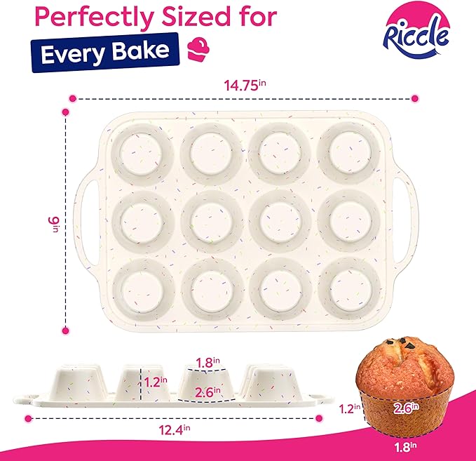 RICCLE Silicone Muffin Pans for Baking with Metal Reinforced Frame, 12-Cup Cupcake Pan, 2 Pcs Muffin Trays for Cupcake Baking, Tray Molds, Oven & Dishwasher Safe, BPA-Free
