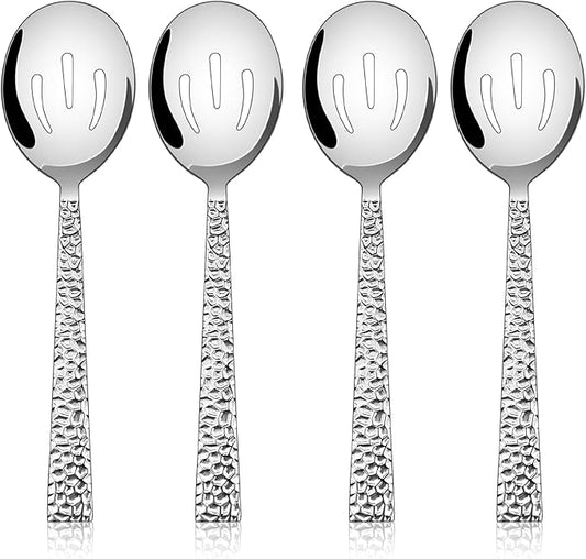 E-far Hammered Slotted Serving Spoons, 4-Piece Stainless Steel Tablespoons Hostess Serving Utensils Set for Catering Buffet Party Wedding Kitchen Restaurant, Dishwasher Safe