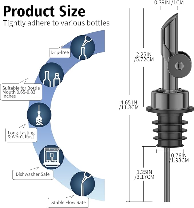 Auto Flip Liquor Pour Spouts 12-Pack, Leak-Proof 304 Stainless Steel Wine Pourer & Olive Oil Dispenser with Food-Grade Silicone for Kitchen, Bar, Restaurant (Black)