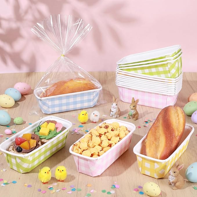 LemonRoad 100 Sets Easter Paper Loaf Pan for Baking 6.3 x 2.2 x 2.2 Inch Small Disposable Colorful Plaid Baking Pans with Clear Plastic Bags and Ties Rectangle Cake Pan for Bread Mold Supply Gift