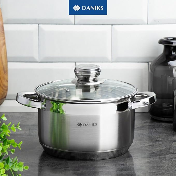 Daniks Standard 2 Quart Stainless Steel Stock Pot with Glass Lid, Try-Ply Bottom for Even Heating, Induction Compatible, Dishwasher Safe, Built-In Measuring Scale, Silver