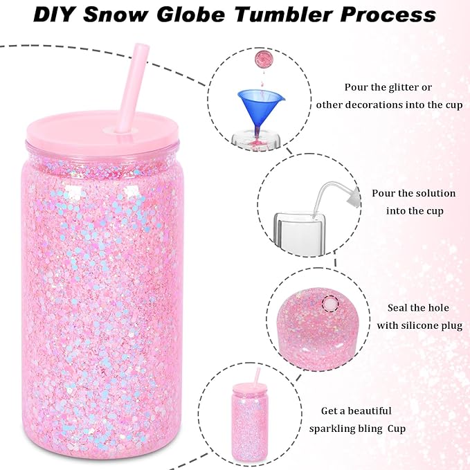 16 oz Plastic Snow Globe Tumbler, 4 Pack Double Wall Snowglobe Tumbler with Pre Drilled Hole, Plastic Mason Jar Cups Can for Snow Globe Glitter DIY ( Mixed Colors )