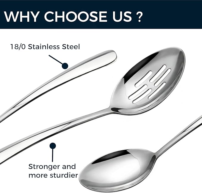10.3-in Large Serving Spoons Set, 18/0 Stainless Steel, Heavy Duty, 2 Serving & 2 Slotted for Wedding Party Buffet Housewarming, Pack of 4