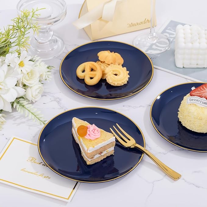 Festiva 200Pcs Navy Blue Gold Dessert Plates 6.3" with Plastic Forks 5"- Small Disposable Plates- Dessert/Cake/Appetizer Plastic Plates include 100Plates 100Forks for Birthday Party & Ramadan