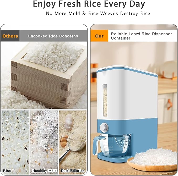 22-25 Lbs Rice Dispenser, Large Cereal Dry Food Storage Containers with Measuring Cup,BPA-Free Household for Kitchen Pantry Organization-Blue