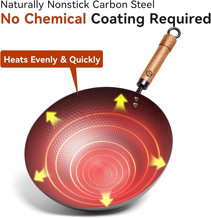 WANGYUANJI 12.6-Inch Carbon Steel Wok with Lid, Flat Bottom Nonstick Chinese Wok Pan with Detachable Wooden Handle for Induction, Gas & Electric, 5 QT Stir Fry Pan