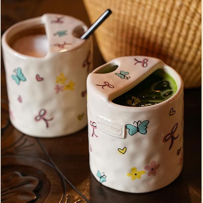 Ceramic Coffee 10oz Mug Hand-Painted Espresso Cup，Retro Ceramic Travel Mug For Kitchen, Dining-Green，Microwave Safe (Colorful Butterflies)