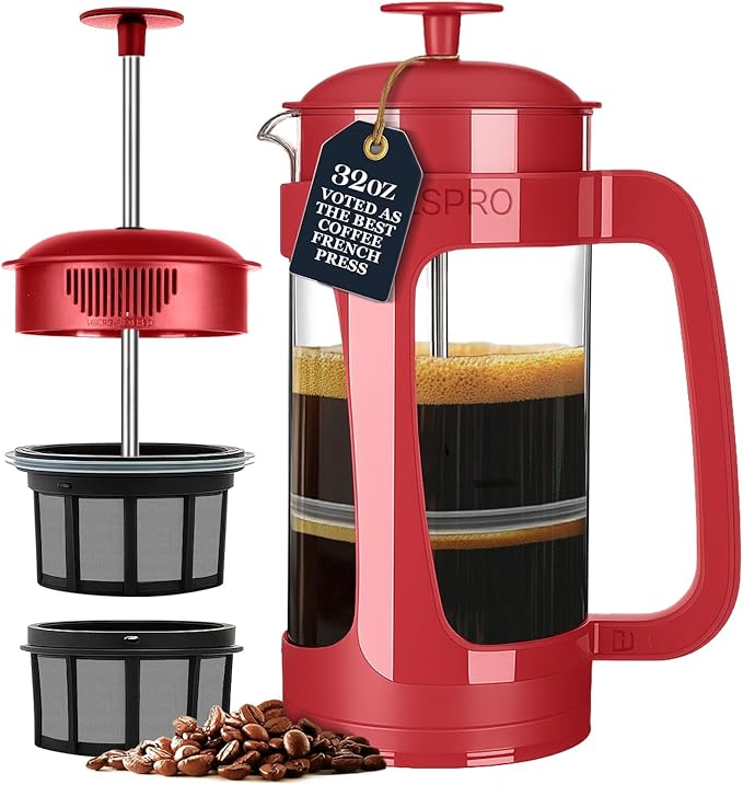 ESPRO P3 French Press Coffee Maker – Patented Double Micro-Filter for Grit-Free Brew, Heat Resistant thicker Borosilicate Glass Coffee press – (Red 32 oz)