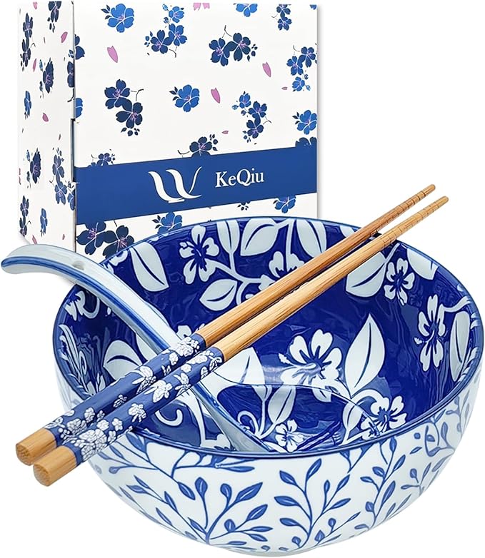 Japanese 28 Oz Ceramic Ramen Noodle Soup Cereal Pho Rice Salad Bowl Set with Chopsticks and Spoons, Premium Gift Set for House Warming, Birthday, Holiday, Microwave Safe, Dishwasher Safe
