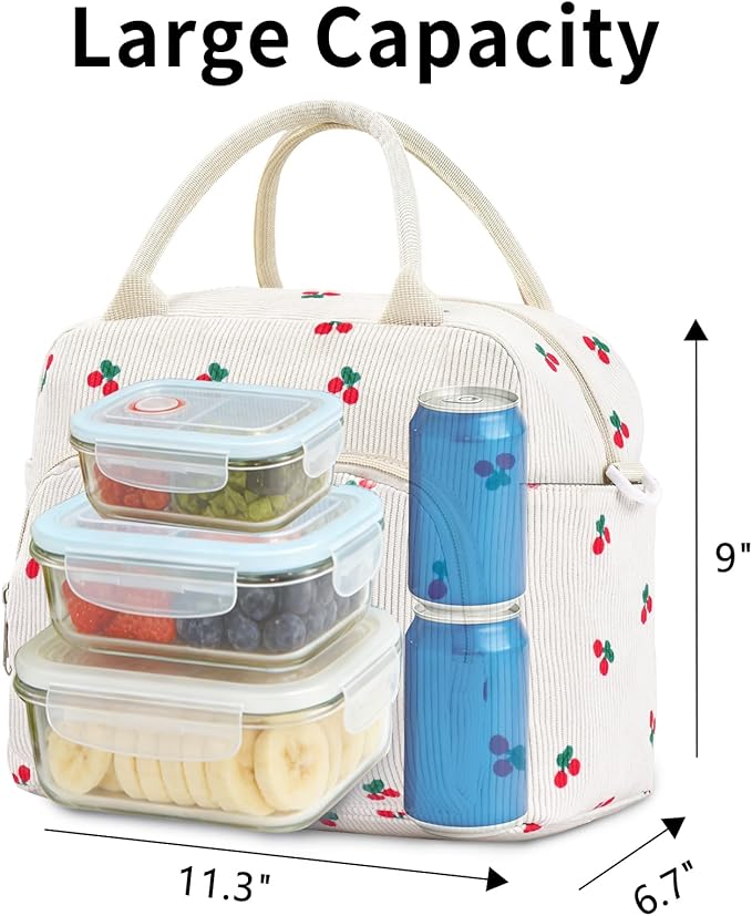 Lunch Box for Women Insulated Lunch Bag Women Adult Cute Lunch Bags Reusable Lunchbox Cooler Tote Bag for Work Picnic (Beige-Cherry)