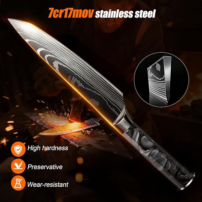 8-Piece Premium Japanese Kitchen Knife Set - Imperial Collection, Laser Damascus Pattern, 440A Stainless Steel Ultra Sharp for Fast Cutting (Black 8J)
