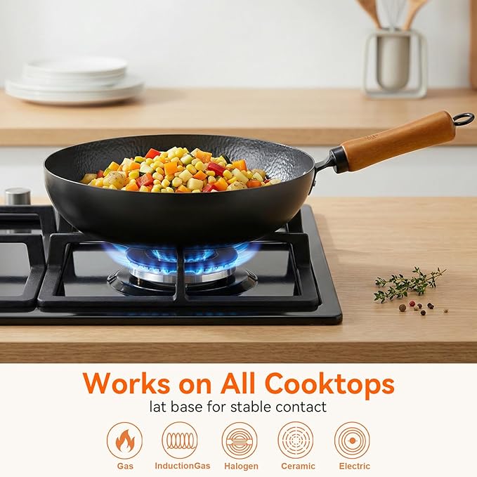 WANGYUANJI 11" Iron Skillet with Glass Lid & Griddle Spatula, Flat-Bottom Frying Pan, Uncoated & Unseasoned, Induction/Gas/Electric Compatible, Wooden Handle (Seasoning Required)