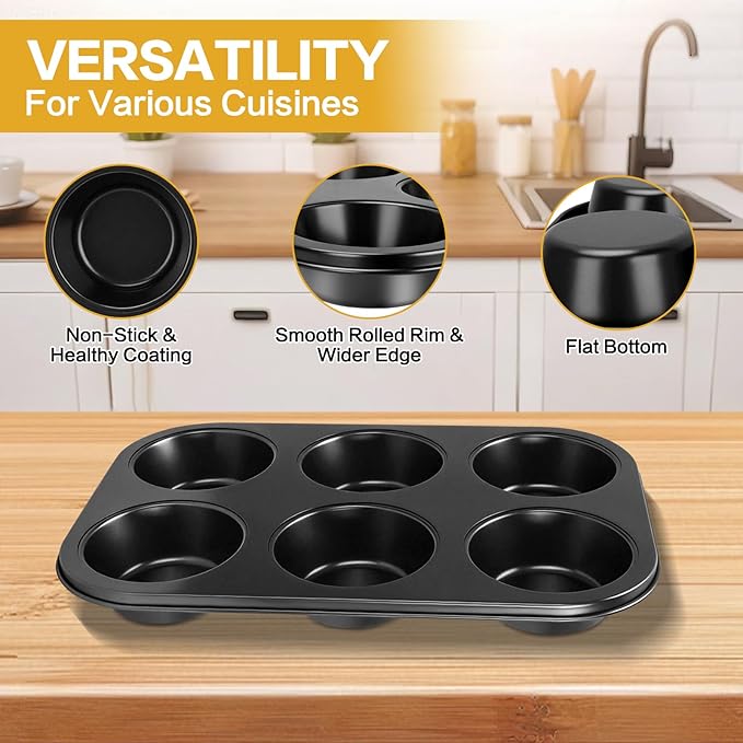 Jumbo Muffin Pan 6 Cup, 2-Pack Nonstick Extra Large Muffin Tin for Baking, Durable Non-Toxic Carbon Steel, 3.35'' Diameter, 1.77'' Deep Muffin Mold, Deep Cup Design