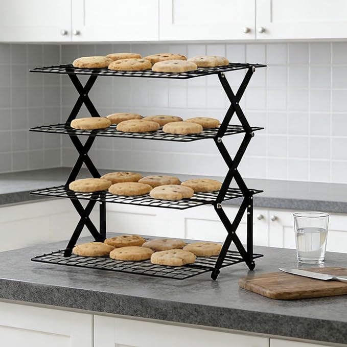 4 Tier Collapsible Cooling Rack, Adjustable 3 Setting Stackable Foldable Wire Rack for Baking Cooking Roasting Drying Cookies Cakes Muffins, Space Saving Baking Gift