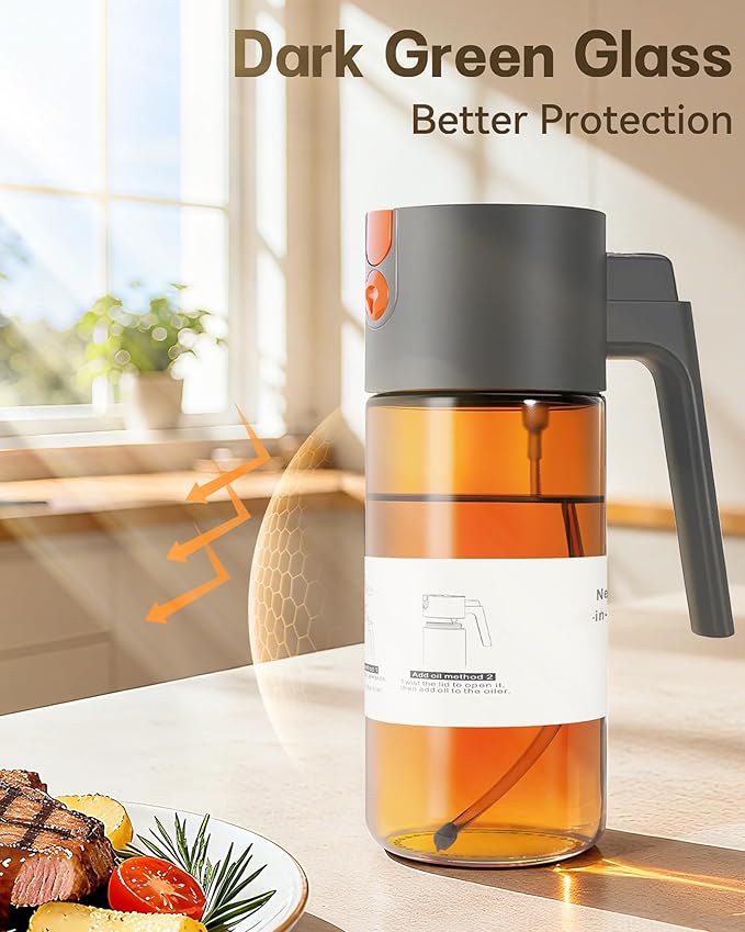 Upgrade 2 in 1 Oil Sprayer for Cooking, 17oz Light-Blocking Glass Olive Oil Dispenser Bottle for Kitchen,Food-Grade Oil Mister with 8 Stickers for Salad, Frying (Grey)