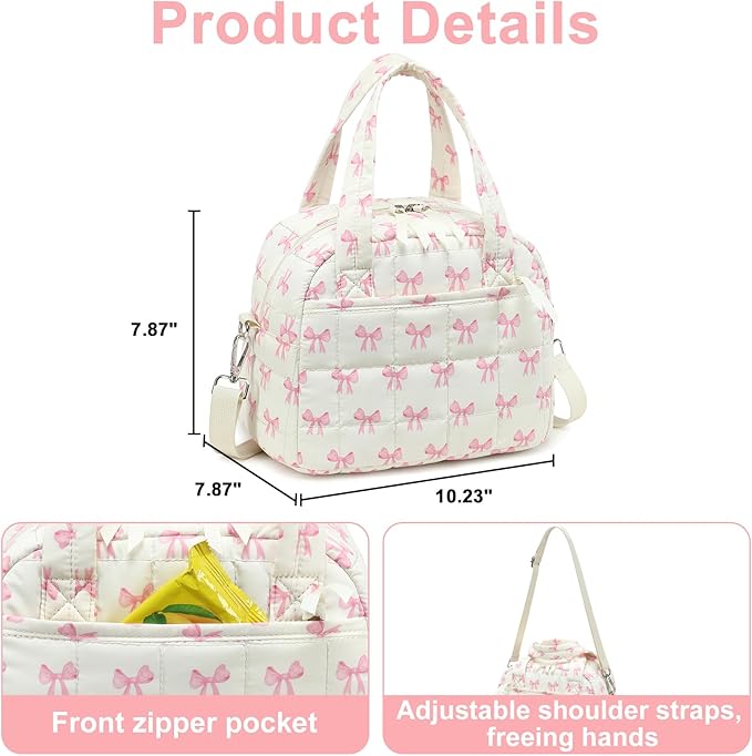 LEDAOU Lunch Box for Women Lunch bag Quilted Puffer Lunch Box with Adjustable Strap Insulated Reusable LunchBox for Work School Picnic Travel (Pink Bow - Beige)