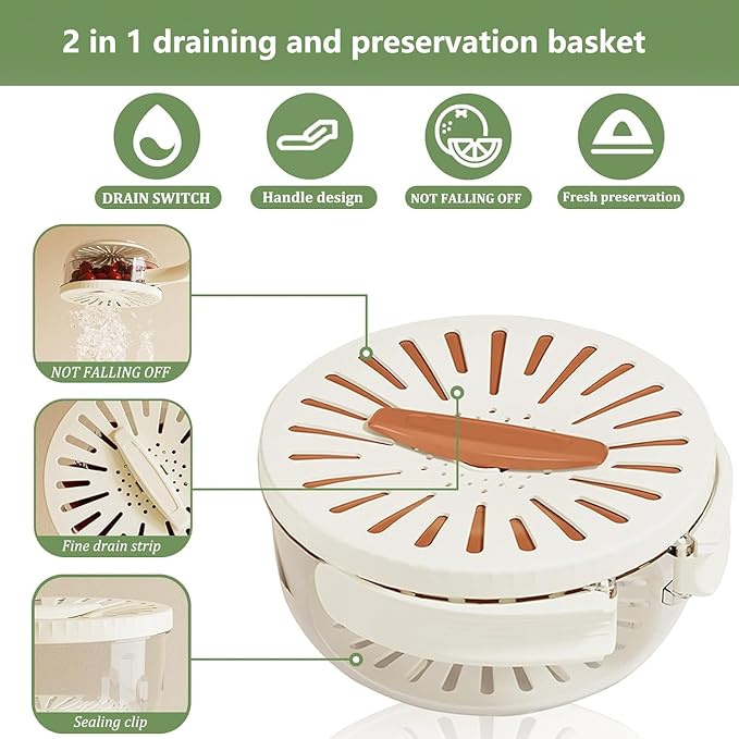 2 in 1 Fruit Vegetable Washing Bowl with Strainer,1 QT Multipurpose Drain Basket with Lid & Foldable Handle,Fruit Strainer Container for Kitchen,Fridge,Picnics,Apartment