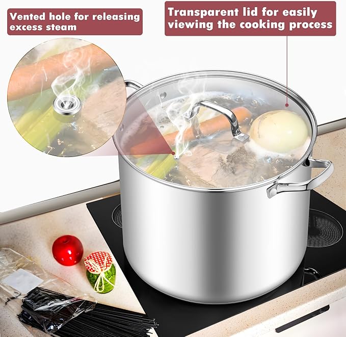 TeamFar 20QT Stock Pot, Stainless Steel Stockpot Large Induction Cooking Pot with Lid & Tri-ply Bottom, for Soup Seafood Cooking, Sauce Canning, Non Toxic & Heavy Duty, Various Stovetops Suitable