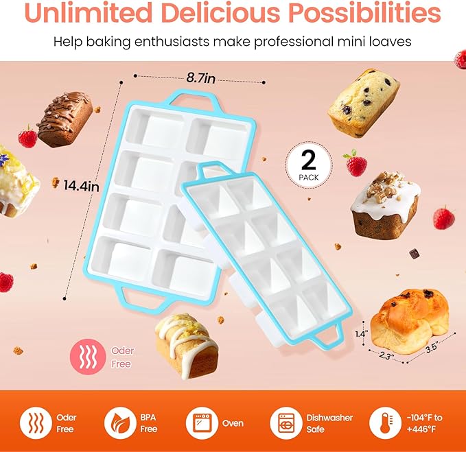 SJ Silicone Mini Loaf Pans with Metal Reinforced Frame-2 Pack, Non-stick Silicone Mini Bread Loaf Pans for Baking 8-Cavity, Tiny Banana Bread Set, Dishwasher Safe Brownie Pan-Blue