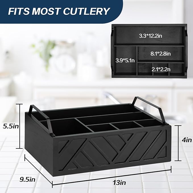 Paper Plate Dispenser and Holder for Kitchen Counter, Wood Rustic Silverware Utensil Caddy, Cutlery Flatware Organizer Box for Cups Spoons Forks Napkins, Kitchen Accessories