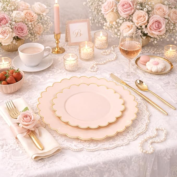 LIYH 60 Pcs Pink Plastic Plates with Gold Pink Plates Disposable Plate Includes 30 Dinner 10.25" and 30 Dessert Plate 7.5" for Easter,Baby Shower,Weddings,Parties,Birthday
