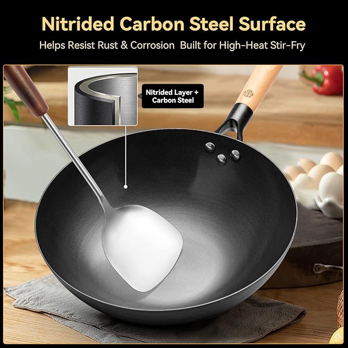 WANGYUANJI Carbon Steel Wok Pan - 12.6 Inch Flat Bottom Iron Wok, Woks & Stir-Fry Pans, Carbon Steel Pan for Induction Cookware and Gas Stoves