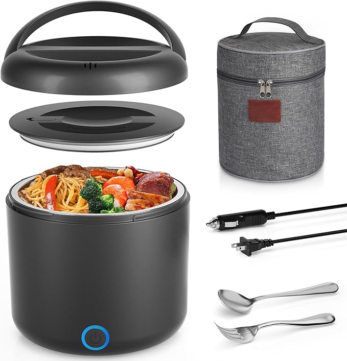 Electric Lunch Box for Adults, 41-Ounce Portable Food Warmer, 100W Leakproof Heated Lunch Box with Insulated Bag Fork Spoon for Car/Truck/Home/Work, 12V/24V/110V