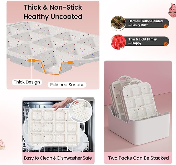 SJ Silicone Brownie Pan with Dividers, Metal-Reinforced Frame, 12 Cavity Each, Nonstick Food-Grade Silicone, Dishwasher Safe—Bakes Neat Squares for Brownies, Bars & Cornbread