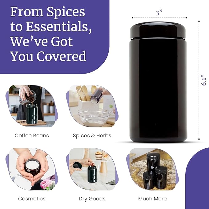 Infinity Jars, 500 ML (17 fl oz) Pack 6, Premium Airtight Ultraviolet Glass Jar Smell Proof, Antistatic, Light Blocking Container for Herbs, Coffee, Tea & Spices Durable, Travel-Friendly Storage