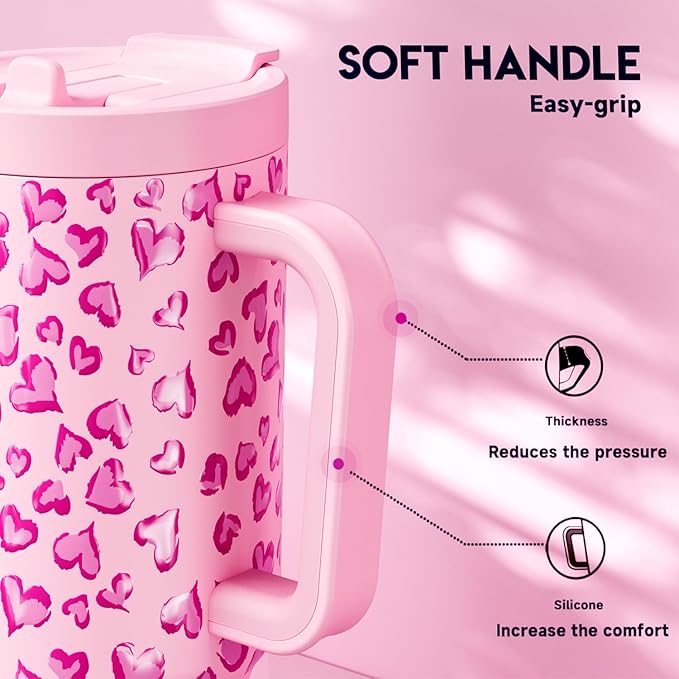 Meoky 32 oz Tumbler with Handle and Flip Straw, 100% Leakproof Tumbler with Lid and Straw, Stainless Steel Insulated Cup, Cupholder Friendly, Keeps Cold for 24 Hours (Love)