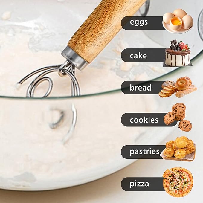 TEEVEA Danish Dough Whisk Stainless Steel Dough Hook Dutch Whisk for Sourdough Bread Mixer Hand with Wooden Handle Kitchen Whisking Mixing Tool Bread Making Tools