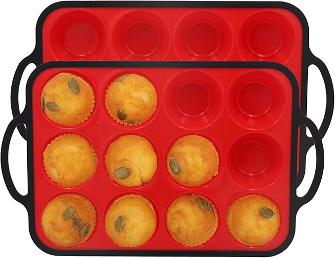 Silicone Muffin Pan, Metal Reinforced Frame Regular Size 2.8 Inch Cupcake Pan with Handle 12 Cups Nonstick Muffin Tray for Baking