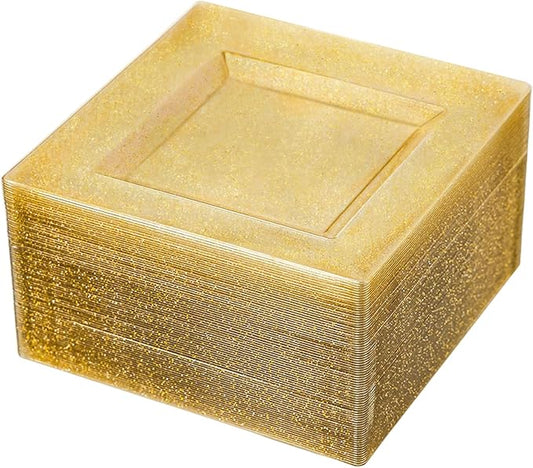 N9R 70 PCS Gold Glitter Plastic Plates, 6.5 Inch Gold Dessert Plates Disposable, Premiun Appetizer Square Plate for Party, Wedding and Birthday