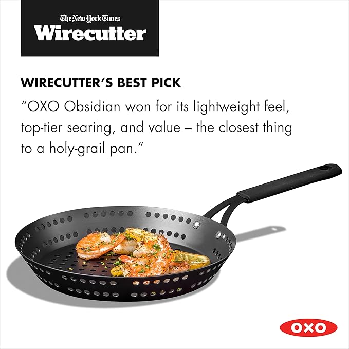 OXO Obsidian Pre-Seasoned Carbon Steel, 12" Frying Pan Skillet with Holes for Grilling with Removable Silicone Handle Holder, Induction, Oven Safe, Black