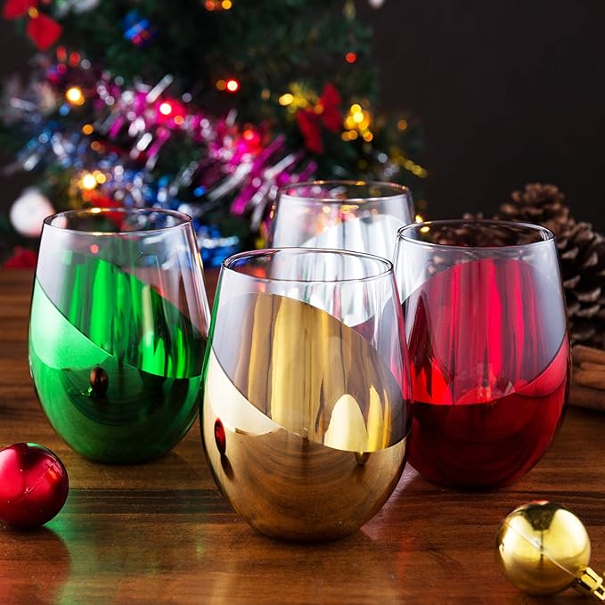MyGift 4 Piece Stemless Glassware Set, Holiday Multicolor Angled Wine Glasses, Dipped Gold Silver Red Green Colored Mirrored Glass Cocktail Drinking Cups, 18 oz Capacity