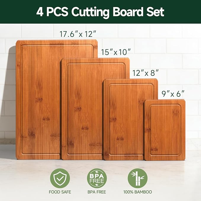 4-Piece Set Bamboo Cutting Board for Kitchen - Crack-Resistant Wood Chopping Boards with Deep Juice Grooves, Pre-Oiled Butcher Block for Meat, Vegetables & Cheese, Carbonized