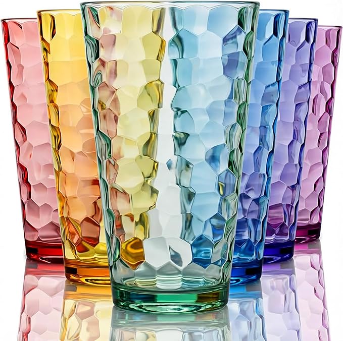 Hammered Plastic Drinking Tumbler, Dishwasher-Safe Premium Quality Water Glasses, BPA-Free Reusable Mixed Colors Assorted Stackable Cups, 22 oz Set of 6