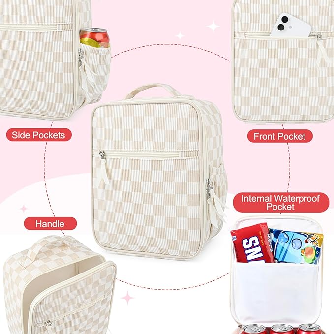 Aileam Lunch Box Lunch Bag for Women Cute Girls Insulated Womens Lunch Bag For Work Quilted Large Capacity Reusable Insulated Cooler for Work School Picnic Travel Beige Checker