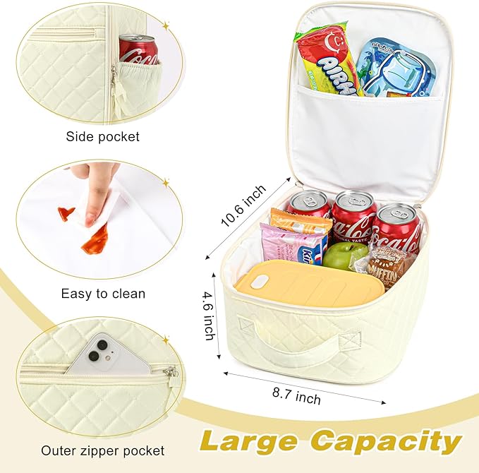 Aileam Lunch Box Lunch Bag for Women Cute Girls Lunch Box Insulated Womens Lunch Bag For Work Quilted Large Capacity Reusable Insulated Cooler for Work School Picnic Travel, Cream White