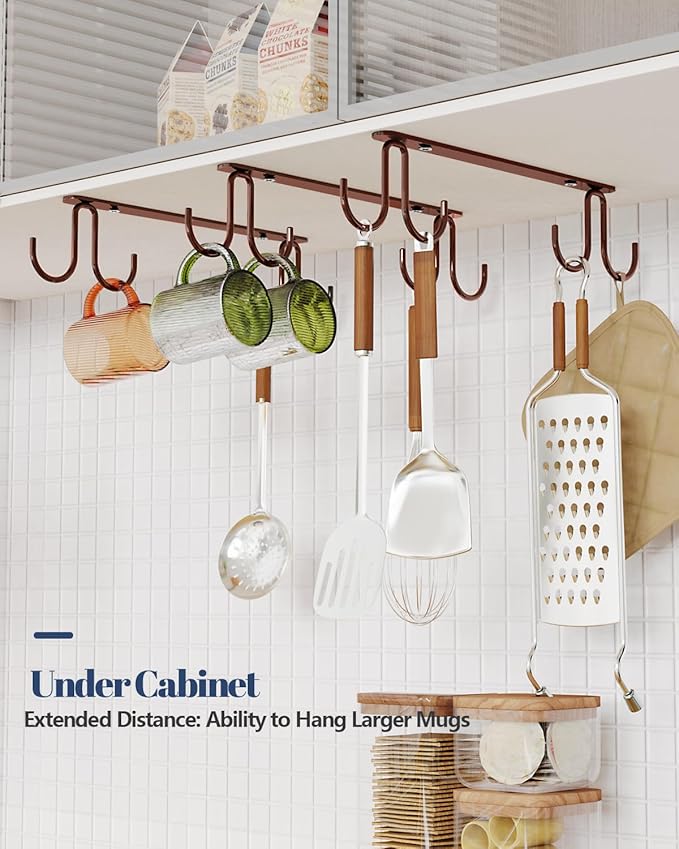 Mug Hooks Under Cabinet 3 Pack, Coffee Cup Hooks for Hanging Under Shelf, Mug Organizer Rack with 12 Hooks for Displaying Mugs, Coffee Cups and Kitchen Utensils, Brown