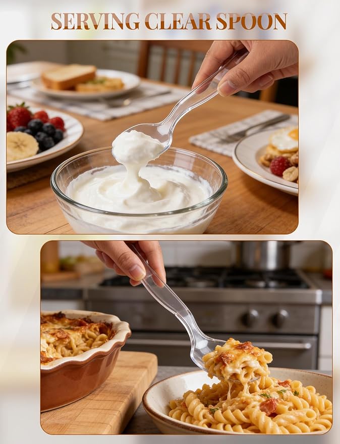 Plastic Serving Utensils, Clear Serving Spoons Set Including 8 Disposable Plastic Tongs 16 Spoons and 16 Forks Supplies for Catering, Entertaining and Parties