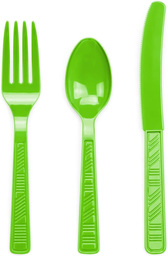 DecorRack Plastic Cutlery Set, Lime Green Colored Plastic Silverware Sets for Parties, 96 Piece Bulk Heavy Duty Utensils (Lime Green, 96 Pieces)