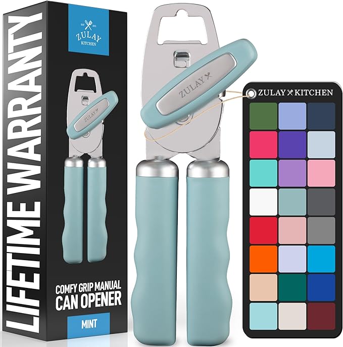 Zulay Kitchen Heavy Duty Stainless Steel Can Opener Manual with Bottle Opener - Rust Proof Manual Can Opener With Turn Knob & Comfy Soft Grip Handles - Mint