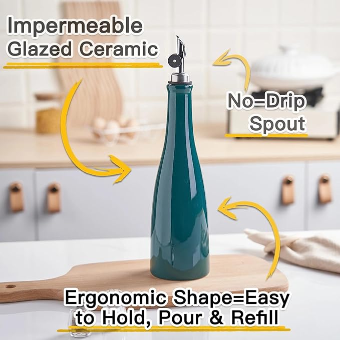 YOLIFE Olive Oil Dispenser Bottle, 16oz Ceramic Oil Dispenser for Kitchen, Oil Bottle with Gravity Spout, Leak Proof EVOO Dispensing Bottle with 2 Spouts and 1 Funnel for Vinegar, Juice(Green)