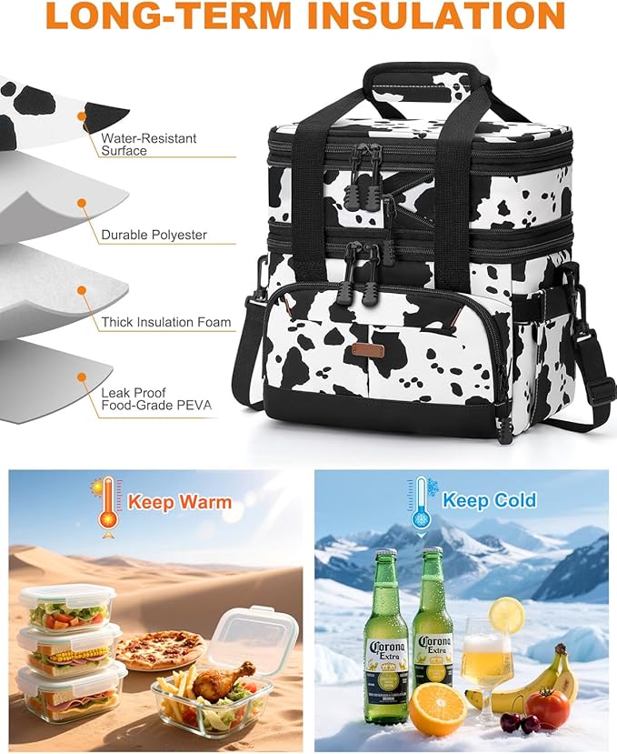 Lunch Box For Men Women Double Deck Insulated Lunch Bag For Men Woman Leakproof Expandable Cooler Bag with Adjustable Shoulder Strap for Kids Shool Work Picnic Camping(Cow Print,Large)