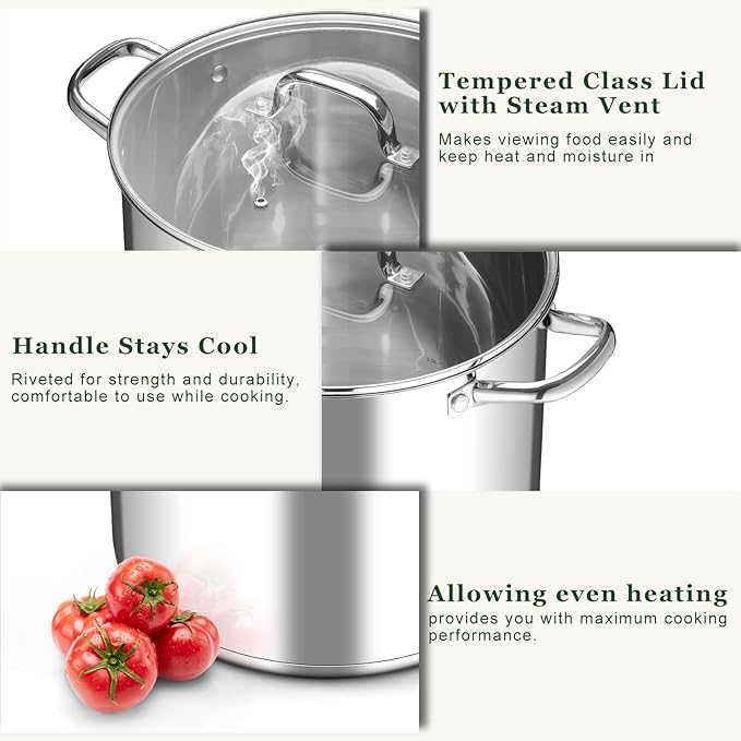 Leonyo 20QT Stock Pot, 18/10 Stainless Steel Soup Pot With Lid, Heavy Duty Stockpot Compatible with All Stoves, Food Grade Cookware for Pasta, Seafood, Spaghetti, Non Stick & Tri-Ply Base