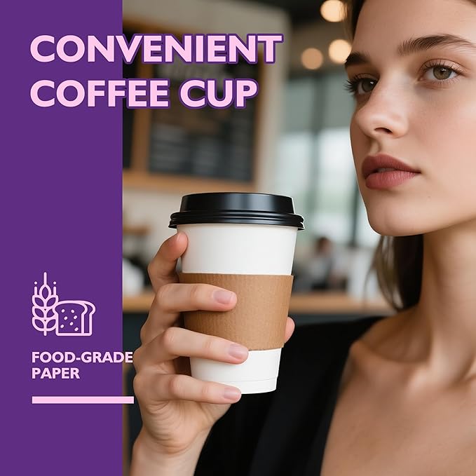 12 oz 100 Pack Disposable Coffee Cups with Lids and Sleeves, Coffee Paper Cups with Lids, To Go Beverage Drinking Cup for Coffee, Tea
